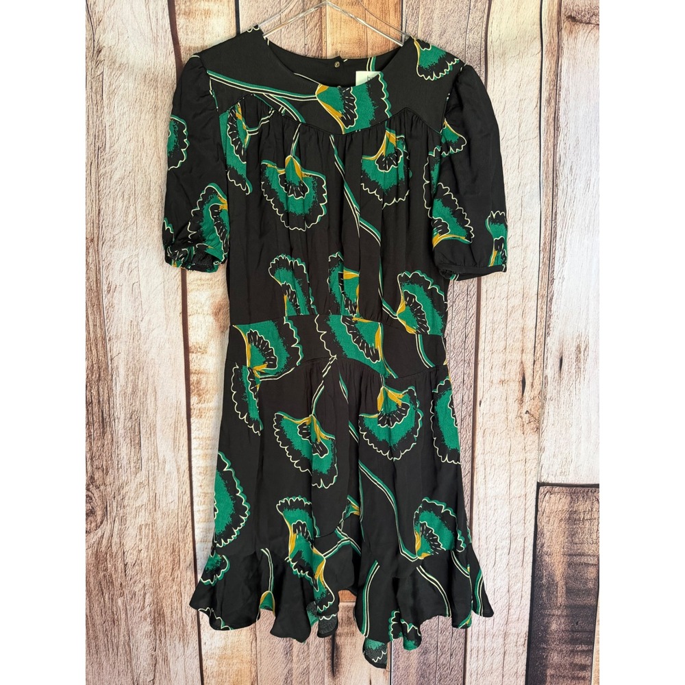 ba&sh Dress Leo Print Mini Green Black Boho‎ Short Puff Sleeve Feminine Size 10